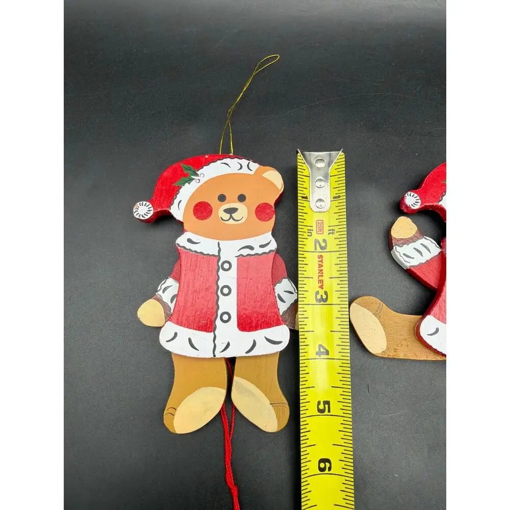 Vintage 1980s Jointed Wooden Teddy Bear Ornaments Set 2 Taiwan 5.5” Poseable